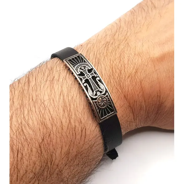 Bracelet en cuir avec croix arménienne & signe d’éternité argent sterling .925
