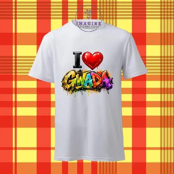 T-shirt personnalisé pour homme - ras du cou - sublimation - impression infusible ink - i love gwada - cœur - graffitis