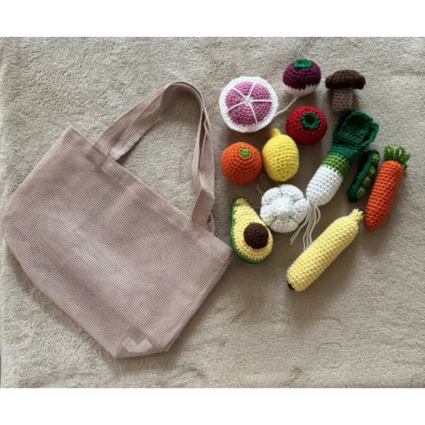 Fruits et légumes au crochet montessori avec sac de marché et fiche recette – dinette éducative enfant – jeu d'imitation fait main