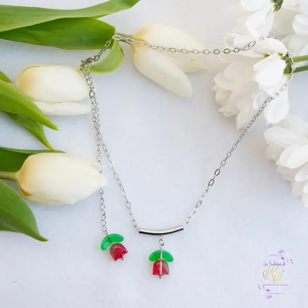 Collier "primavera" code : destock50 acier 316l et verre tulipe 40 cm bijoux femme assembler mains (a829)