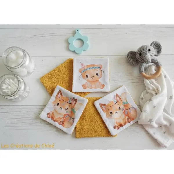 Lot de 4 lingettes bébé coton imprimé animaux