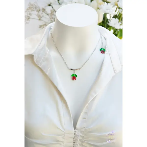 Collier "primavera" code : destock50 acier 316l et verre tulipe 40 cm bijoux femme assembler mains (a829)