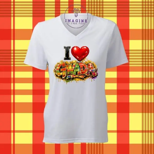T-shirt personnalisé pour femme - col v - sublimation - impression infusible ink - i love gwada - cœur - madras
