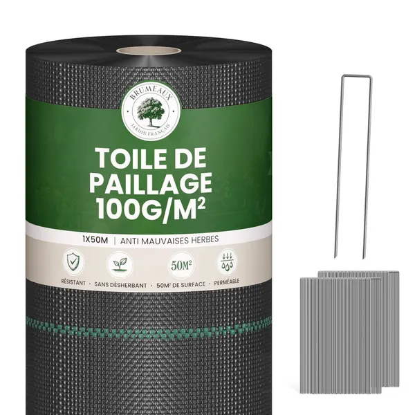 Lot toile de paillage 50m 100g/m2 et 100 sardines de fixation