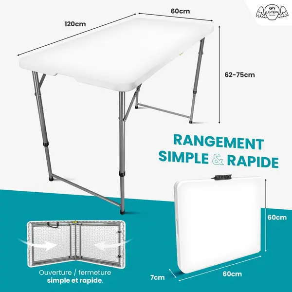 Table d'appoint Pliante 120x60cm Blanc pour Télétravail