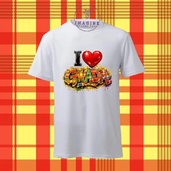 T-shirt personnalisé pour homme - ras du cou - sublimation - impression infusible ink - i love gwada - cœur - madras