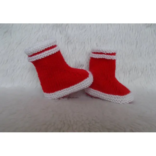 Chaussons bébé style bottes de pluie 0/3 mois blanc et rouge tricotés main en laine mérinos