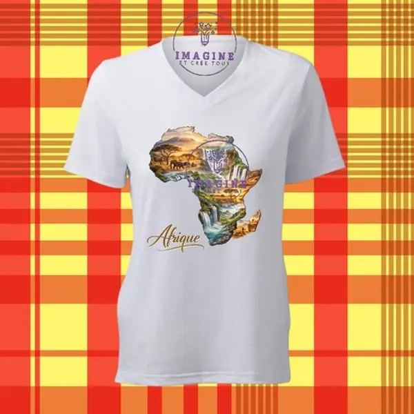 T-shirt personnalisé pour femme - col v - sublimation - impression infusible ink - afrique - continent - ethnique - baobab