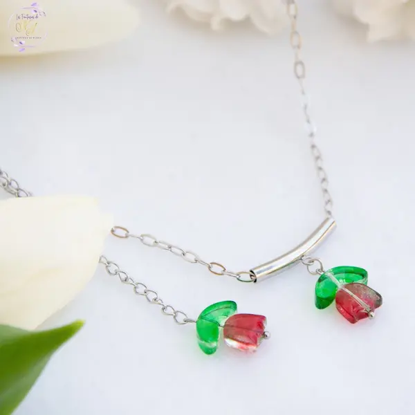 Collier "primavera" code : destock50 acier 316l et verre tulipe 40 cm bijoux femme assembler mains (a829)
