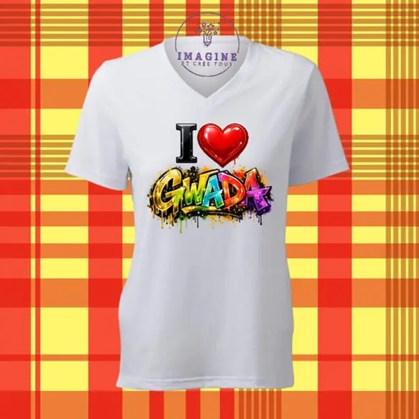 T-shirt personnalisé pour femme - col v - sublimation - impression infusible ink - i love gwada - cœur - graffitis