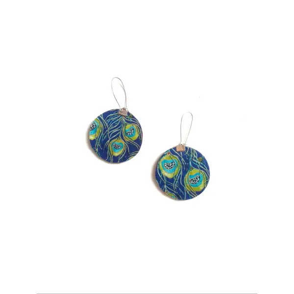 Boucles oreilles tissu rondes créoles plumes paon