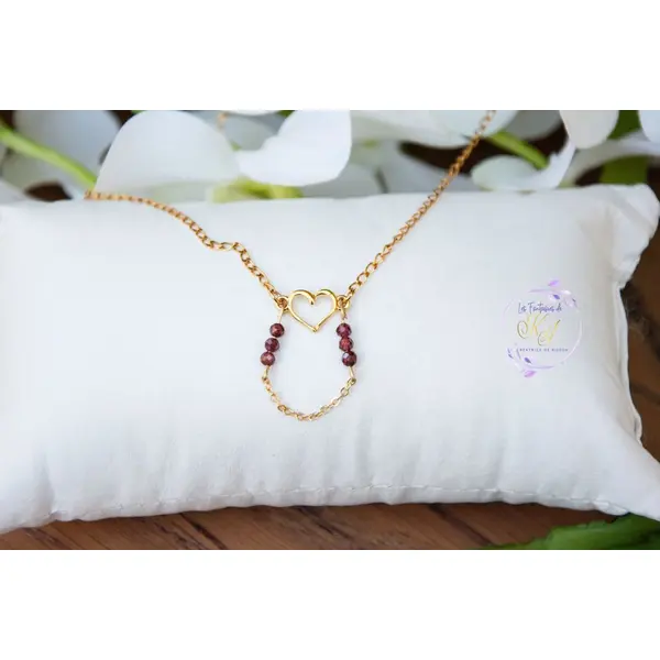 Collier "aleena" or fin et grenat naturel 43 cm grand déstockage 50% bijoux femme assembler mains (a600)
