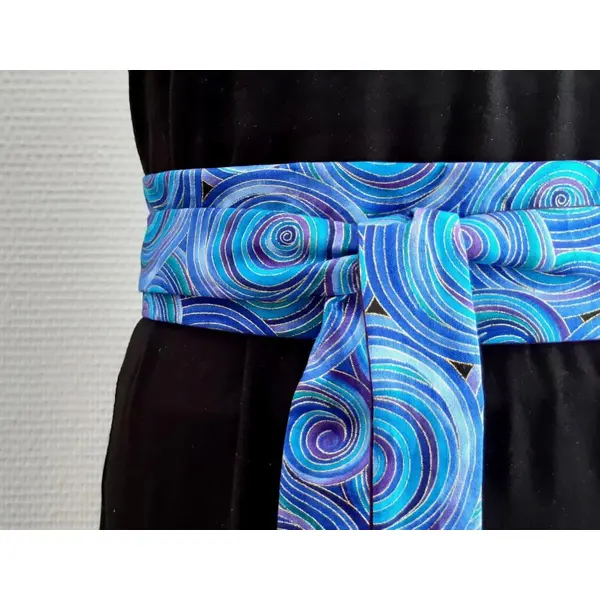 Ceinture obi tissu spirales dorures ceinture japonaise bleu