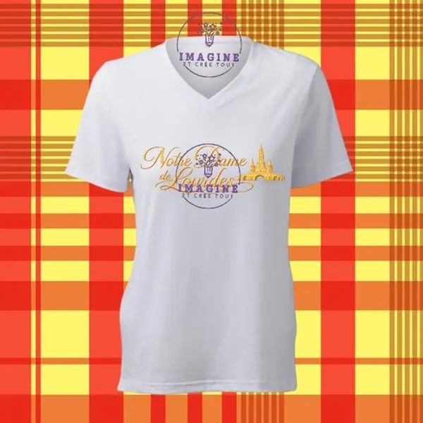 T-shirt personnalisé pour femme - col v - sublimation - impression infusible ink - vierge - lourdes - basilique - grotte - eau