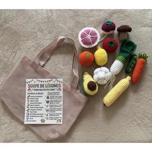 Fruits et légumes au crochet montessori avec sac de marché et fiche recette – dinette éducative enfant – jeu d'imitation fait main
