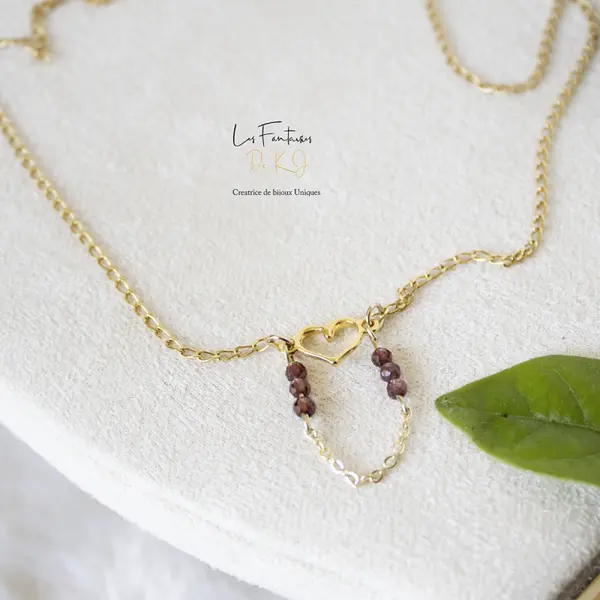 Collier "aleena" or fin et grenat naturel 43 cm grand déstockage 50% bijoux femme assembler mains (a600)