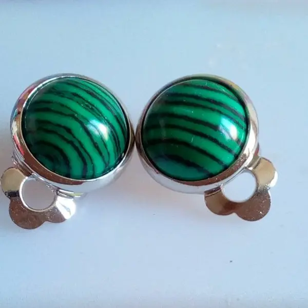 Clips malachite,boucles oreilles acier inoxydable avec cabochons ronds pierre verte,cadeau fete anniversaire noel