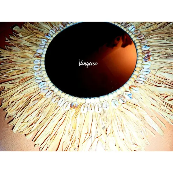 Miroir mural en raphia fait main décoration bohème en coquillage raffia paille naturelle cadeau couronne déco à accrocher bali rotin