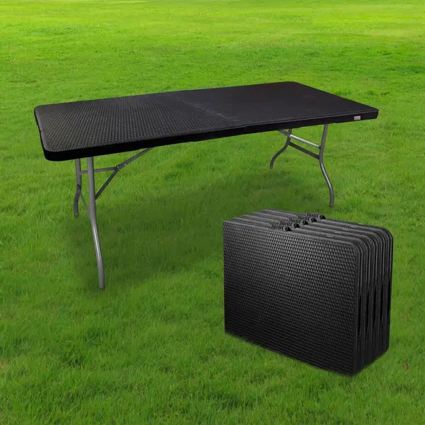 Lot 5 Table Pliante Transportable 180 x 74 cm Noire Effet Rotin