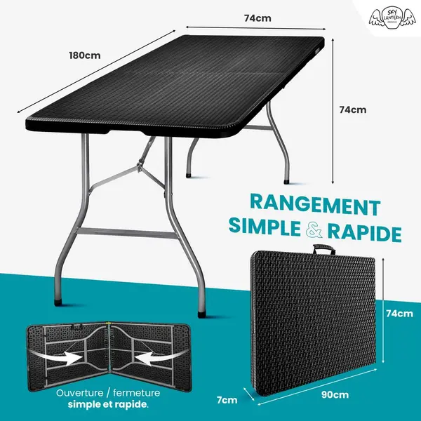 Table Pliante Transportable 180 x 74 cm Noire Effet Rotin