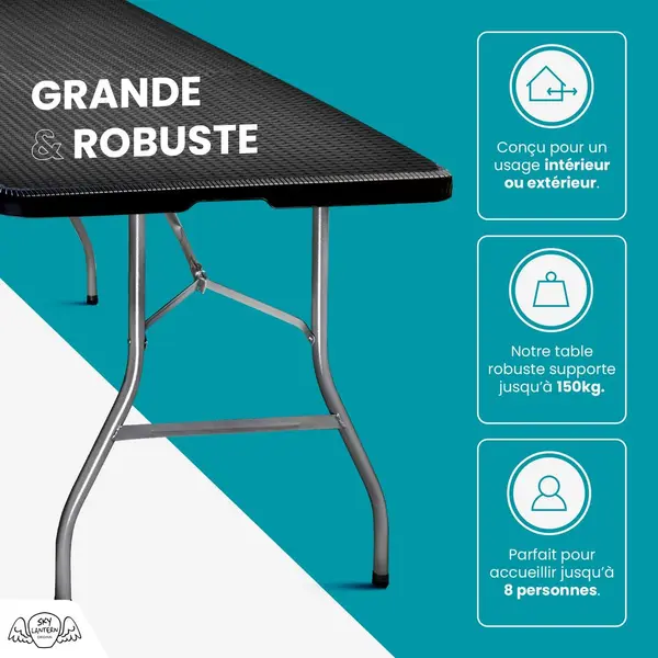 Table Pliante Transportable 180 x 74 cm Noire Effet Rotin