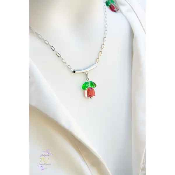 Collier "primavera" code : destock50 acier 316l et verre tulipe 40 cm bijoux femme assembler mains (a829)