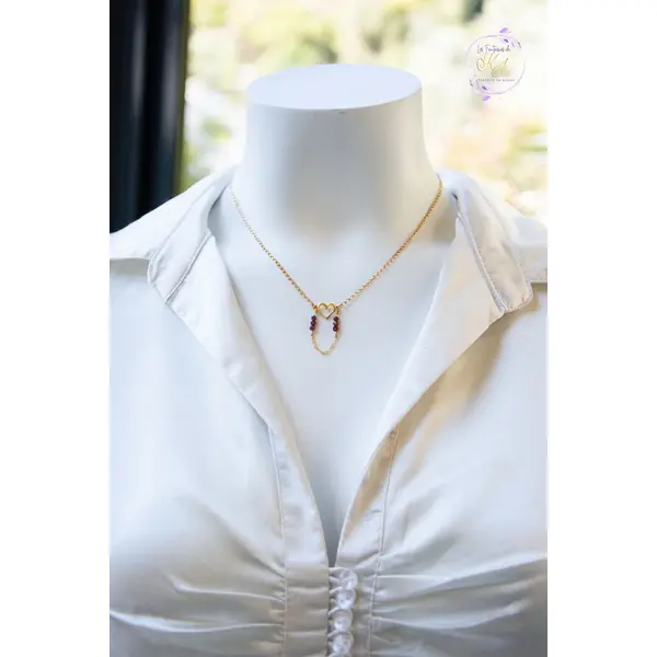 Collier "aleena" or fin et grenat naturel 43 cm grand déstockage 50% bijoux femme assembler mains (a600)