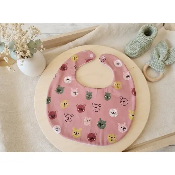 Bavoir bébé coton rose motifs animaux et éponge rose
