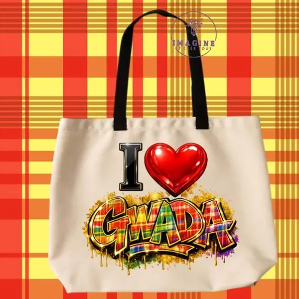 Tote bag taille l - sublimation - impression infusible ink - i love gwada - cœur - madras