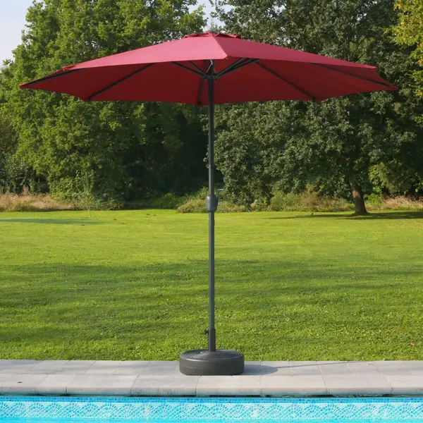 Parasol droit rouge avec pied de lestage et mat central pas cher