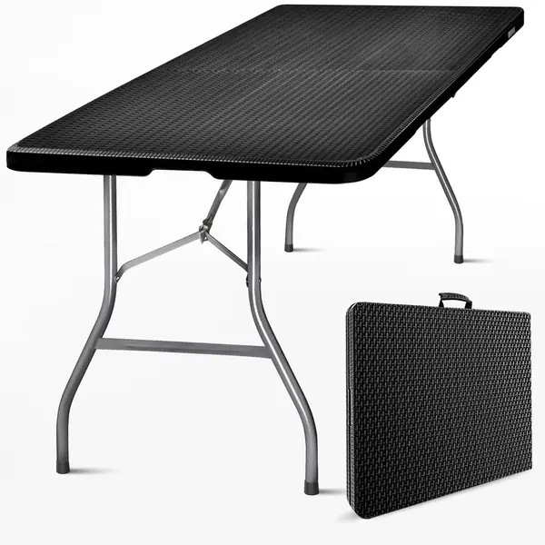 Table Pliante Transportable 180 x 74 cm Noire Effet Rotin