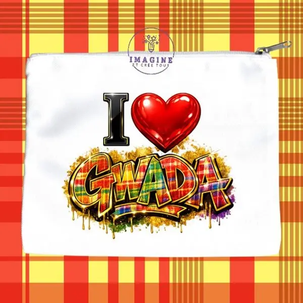 Trousse l - maquillage - sublimation - impression infusible ink - i love gwada - cœur - madras