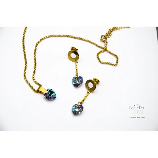 Parure "eléa" destockage acier doré et cristal 40 cm grand déstockage 50% bijoux femme assembler mains (a512)