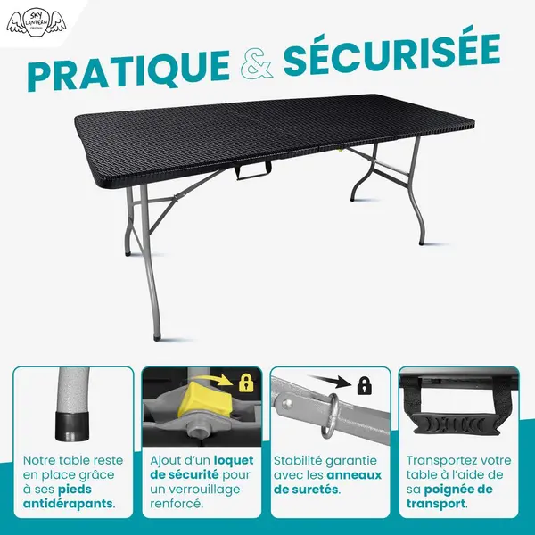 Table Pliante Transportable 180 x 74 cm Noire Effet Rotin