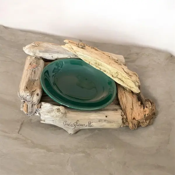Porte savon en bois flotté et coupelle verte