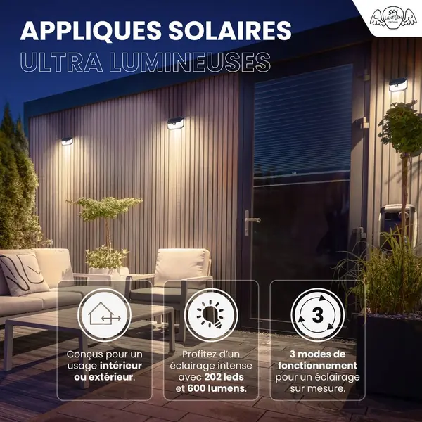 Pack 4 Appliques Murales Solaires 202 LEDs - Skylantern.fr