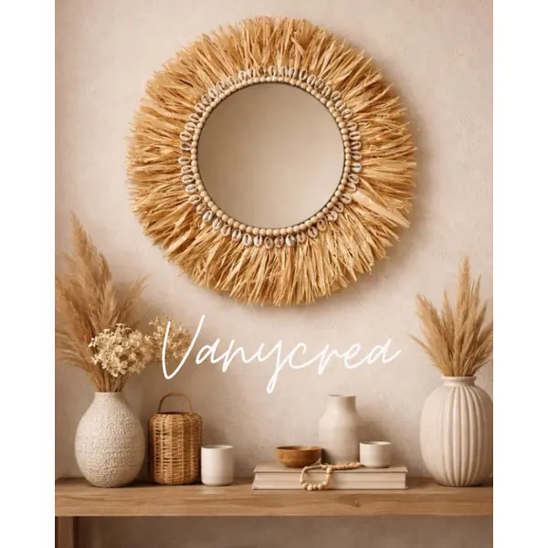 Miroir mural en raphia fait main décoration bohème en coquillage raffia paille naturelle cadeau couronne déco à accrocher bali rotin