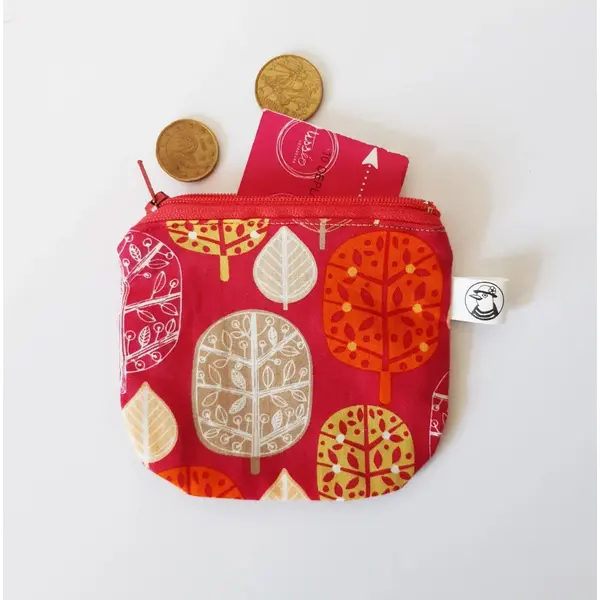 Porte-monnaie trousse tissu rouge feuilles graphiques accessoire courses