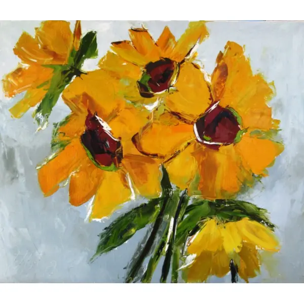 Chaleur d'eté : peinture florale "tournesols" huile au couteau sur toile de lin sur châssis ...