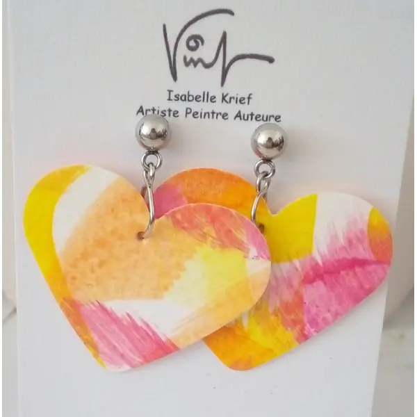 Boucles d oreilles coeurs, clous acier inoxydable, pendentifs peinture sur papier, rose orange jaune argent,bijou de createur