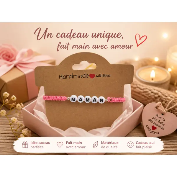 Bracelet maman personnalisé en macramé rose – bracelet ajustable fait main – cadeau maman – bijou femme artisanal avec argent 925