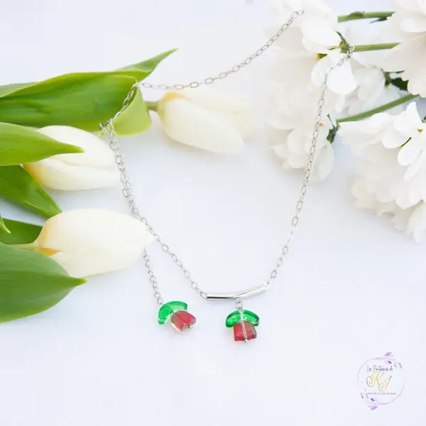 Collier "primavera" code : destock50 acier 316l et verre tulipe 40 cm bijoux femme assembler mains (a829)