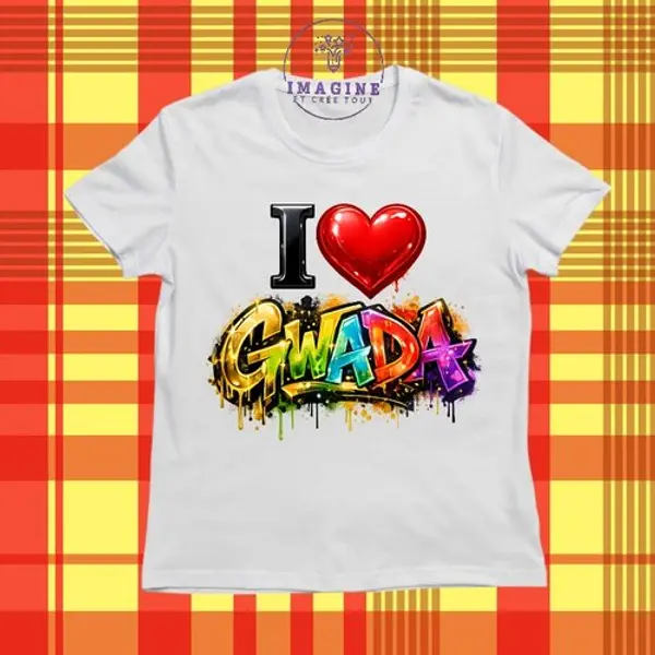 T-shirt personnalisé pour jeunes - col rond - sublimation - i love gwada - cœur - graffitis