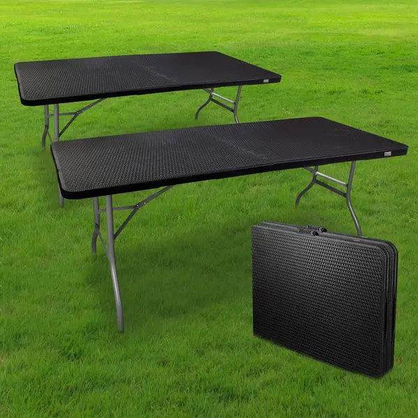 Lot 2 Table Pliante Transportable 180 x 74 cm Noire Effet Rotin