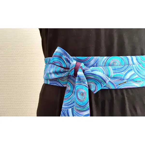 Ceinture obi tissu spirales dorures ceinture japonaise bleu